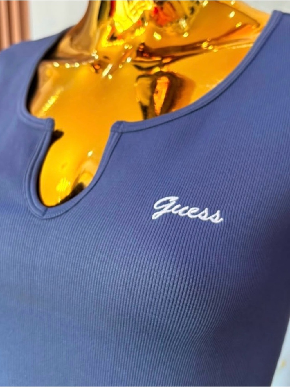 Guess Ribbed Tank Top with Notch Neck in Periwinkle